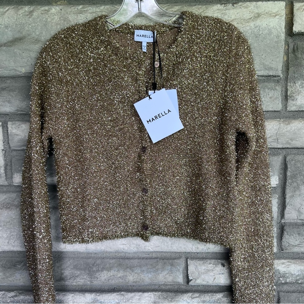 Marella Max Mara Knitted Gold Mini Short Cardigan Sweater Small $315